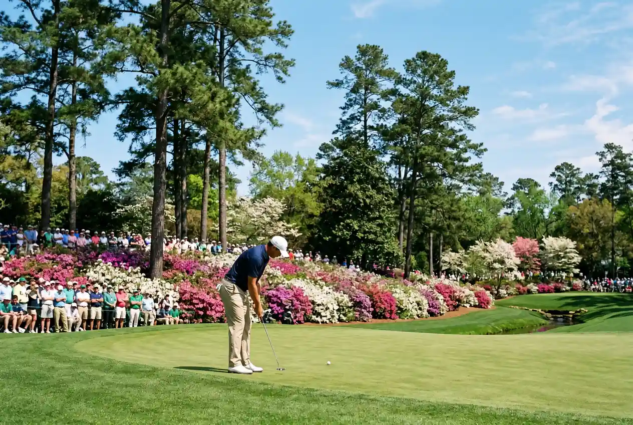 Blick auf einen Golfplatz bei einem Major-Turnier mit Zuschauern und Fahnen