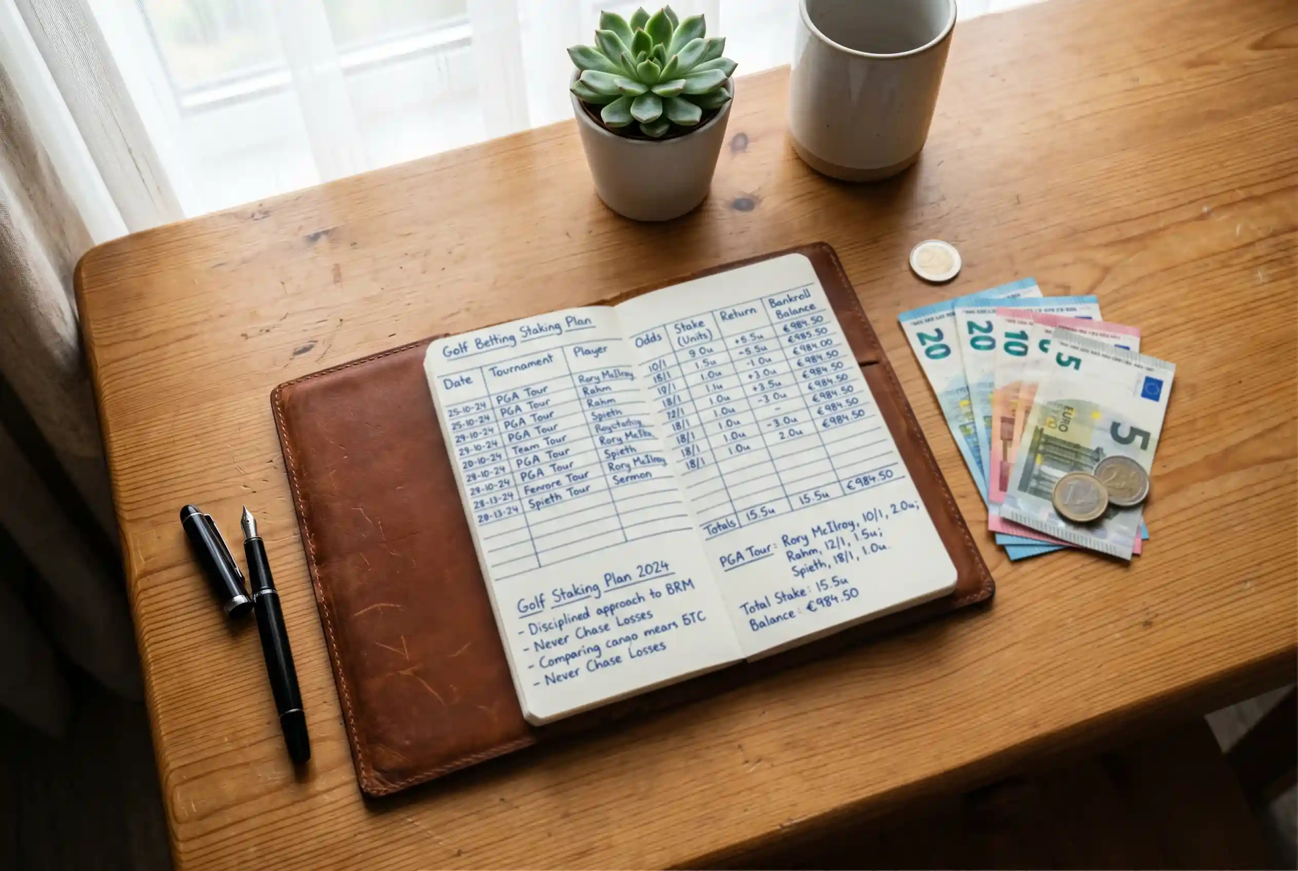 Bankroll Management bei Golf Wetten mit Notizbuch und Staking-Plan auf einem Schreibtisch